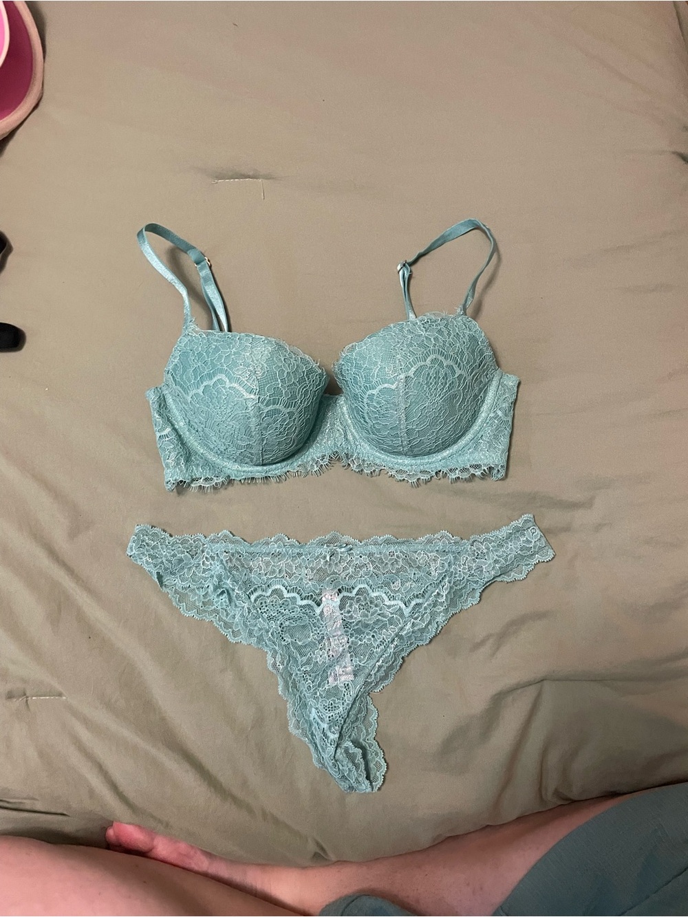 Victoria's Secret Light Aqua Lace Balconette Bra & Lace Thong Set